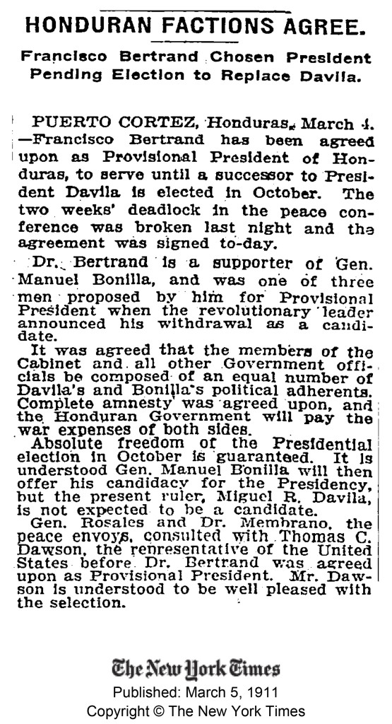 Artículo del New York Times del 5 de Marzo de 1911, reportando sobre la colocación de Francisco Bertrand en la presidencia de Honduras.