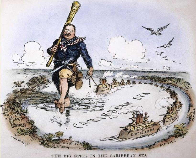 Caricatura del presidente estadounidense Theodore Roosevelt, y su política internacional de "Gran Garrote".