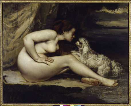 2-M145-A3-1861-B G.Courbet, Frauenakt mit Hund Courbet, Gustave 1819-1877. 'Femme nue au chien' (Frauenakt mit Hund), 1861/62. (Leontine Renaude, die Freundin des Kuenstlers). Oel au Leinwand, 65 x 81 cm. R.F. 1979-56 Paris, Musee d'Orsay. E: G.Courbet / Nude with Dog / 1861/62 Courbet, Gustave 1819-1877. 'Femme nue au chien' (nude with dog), 1861/62. (Leontine Renaude, girlfriend of the artist). Oil on canvas, 65 x 81cm. Paris, Musee d'Orsay. F: G.Courbet / Femme nue au chien 1861-62 Courbet, Gustave 1819-1877. - 'Femme nue au chien', 1861-62. (Leontine Renaude, amie de l'artiste). Huile sur toile, H. 0,650 , L. 0,810. RF 1979-56 Paris, Musee d'Orsay.