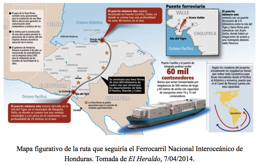 Mapa figurativo de la ruta que seguiría el Ferrocarril Nacional Interoceánico de Honduras. Tomada de El Heraldo, 7/04/2014. 