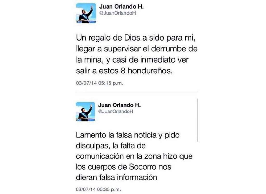 El presidente Juan Orlando Hernández publicó contenido falso en su cuenta de Twitter sobre el rescate de los mineros atrapados en El Corpus, Choluteca.