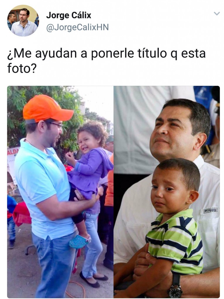 Tweet del candidato Jorge Cálix, donde utiliza fotografías suyas y del candidato Juan Hernández con menores de edad. 