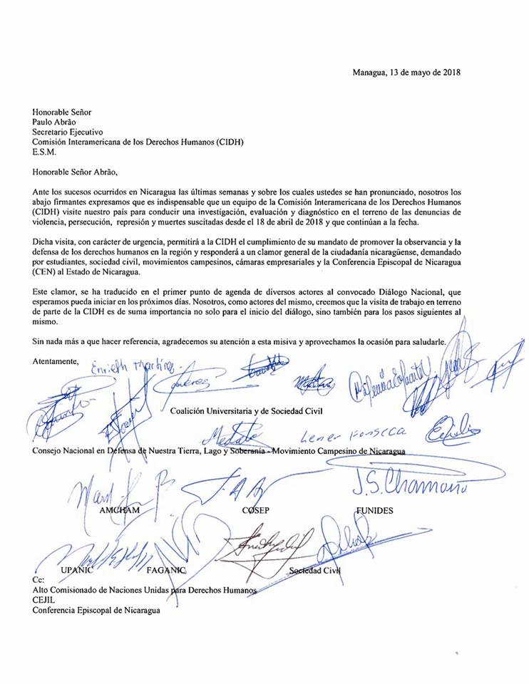 Carta Pública emitida por el Consejo Superior de la Empresa Privada de Nicaragua, al Secretario Ejecutivo de Comisión Interamericana de Derechos Humanos, 13 de mayo 2018.