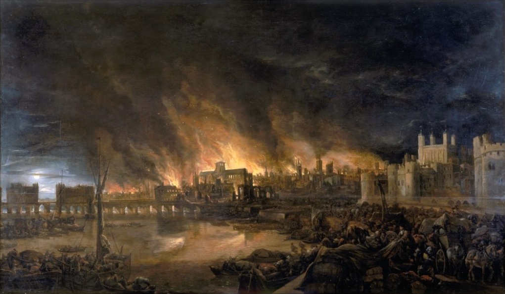 Detalle de una pintura de 1666 del Gran Incendio de Londres de un artista desconocido, representando el incendio como pudo haber sido observado desde un barco. La Torre de Londres está a la derecha y el Puente de Londres a la izquierda, con la Catedral de San Pablo al fondo, rodeada por las llamas más altas.