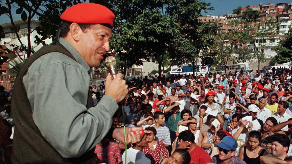 FOR RELEASE WITH STORY BC VENEZUELA - COUPSTER - Former Venezuelan coup leader Hugo Chavez Frias addresses a crowd of supporters in a poor residential area of Caracas January 31, 1998. Chavez, whose February 4,1992 military putsch failed and landed him in jail, is now running for president on a ticket of radical change. A fomer member of the Venezuelan military's special forces unit, Chavez says his military training was excellent preparation for politics and has pledged to dissolve Congress and halt foreign debt payments if he wins in the December 6 polls. CHAVEZ
